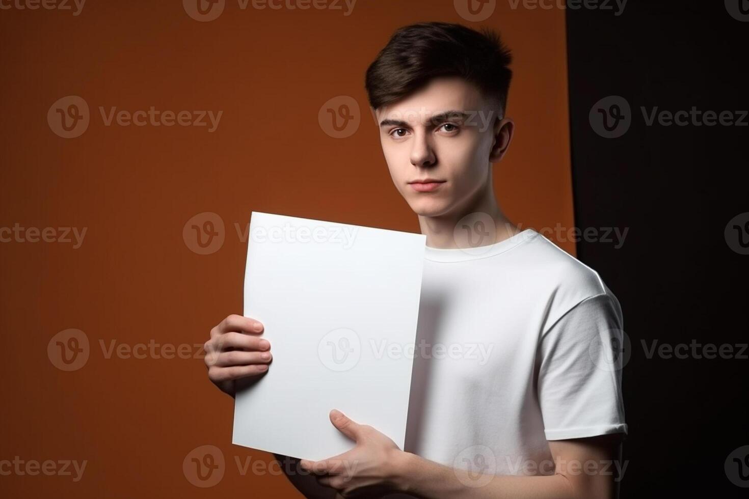 A man holds a blank white sign board mockup in his hand photo