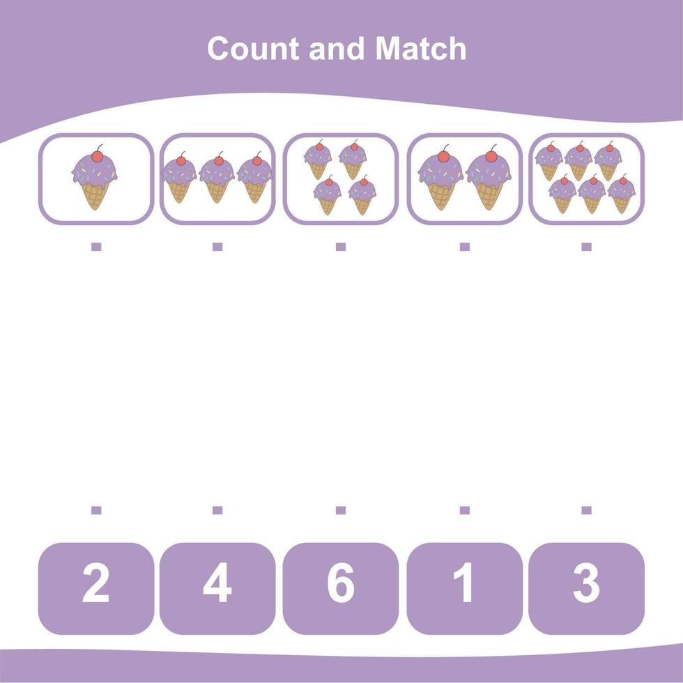 Mathematic counting worksheet. Math activity, count and match numbers with pictures. Educational printable math worksheet for children. Vector File.