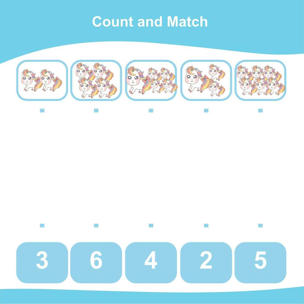 Mathematic counting worksheet. Math activity, count and match numbers with pictures. Educational printable math worksheet for children. Vector File.