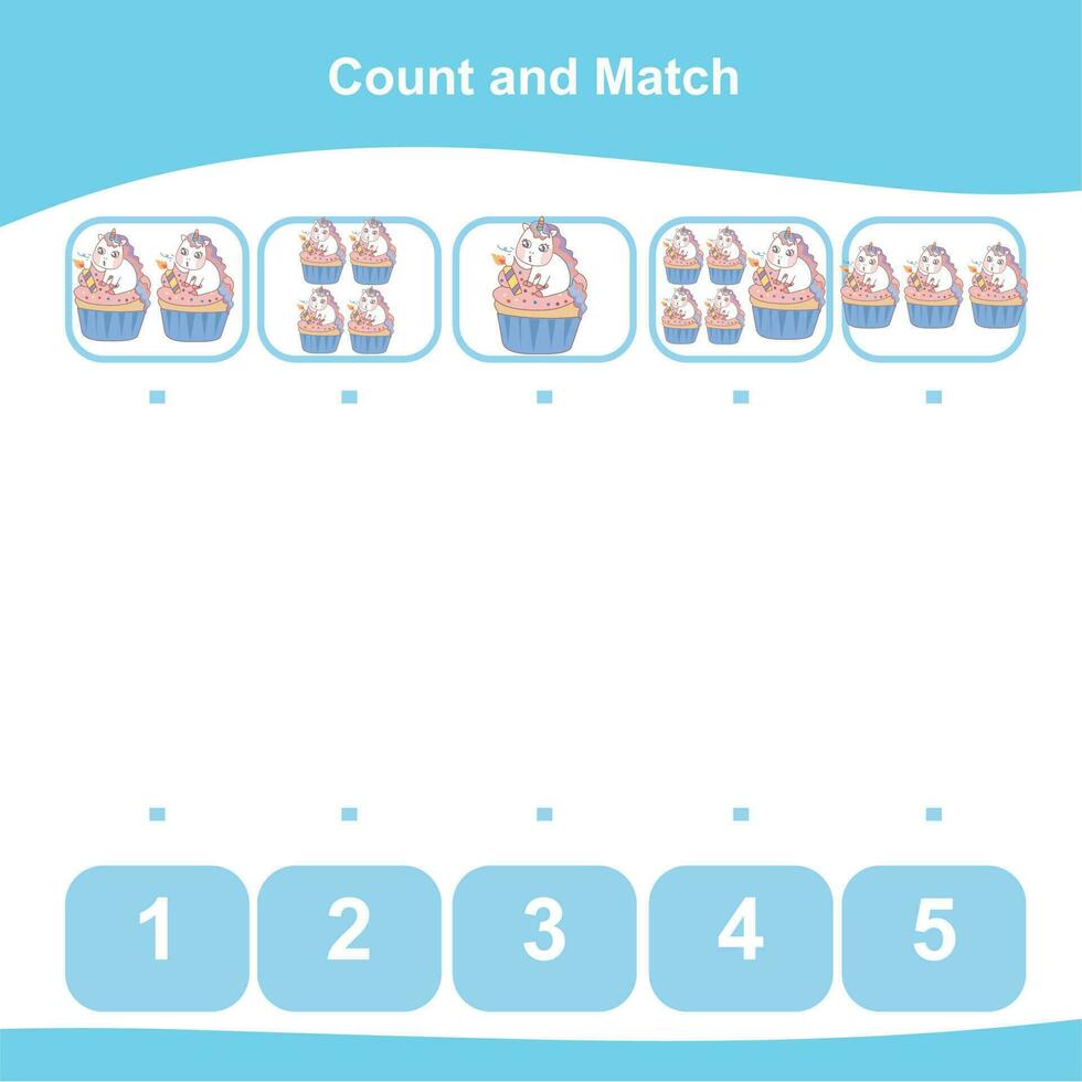 Mathematic counting worksheet. Math activity, count and match numbers with pictures. Educational printable math worksheet for children. Vector File.