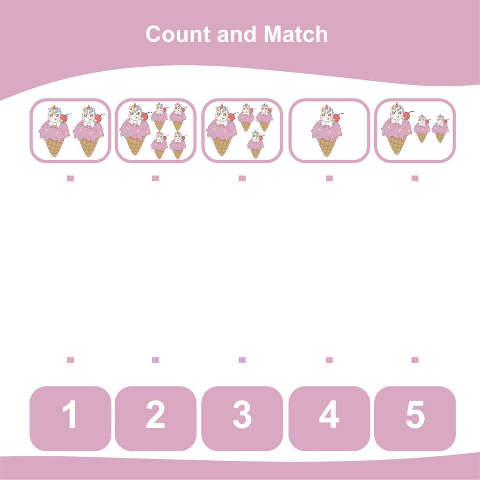 Mathematic counting worksheet. Math activity, count and match numbers with pictures. Educational printable math worksheet for children. Vector File.