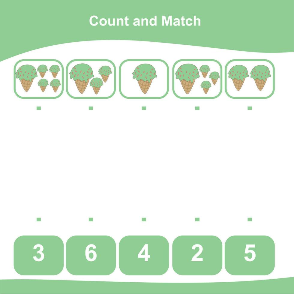 Mathematic counting worksheet. Math activity, count and match numbers with pictures. Educational printable math worksheet for children. Vector File.