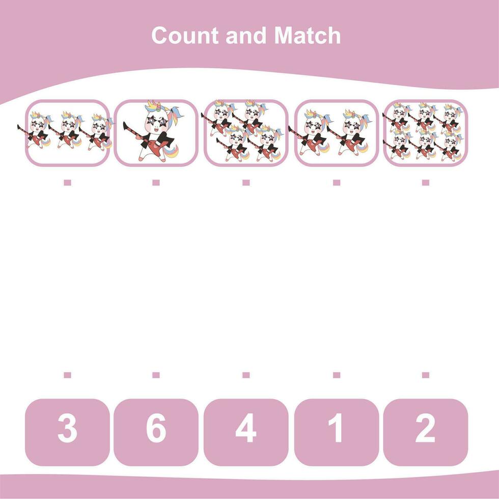 Mathematic counting worksheet. Math activity, count and match numbers with pictures. Educational printable math worksheet for children. Vector File.