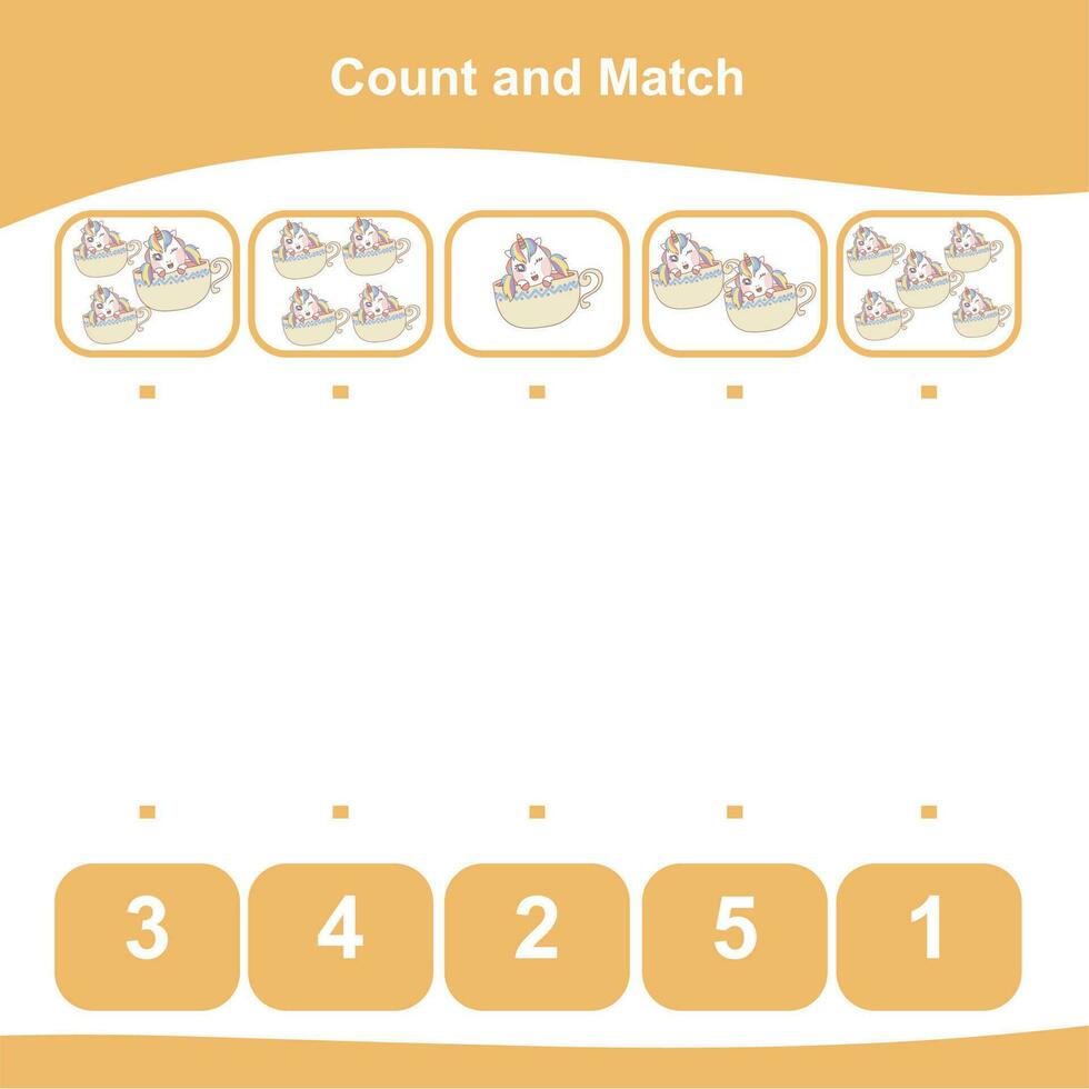Mathematic counting worksheet. Math activity, count and match numbers with pictures. Educational printable math worksheet for children. Vector File.