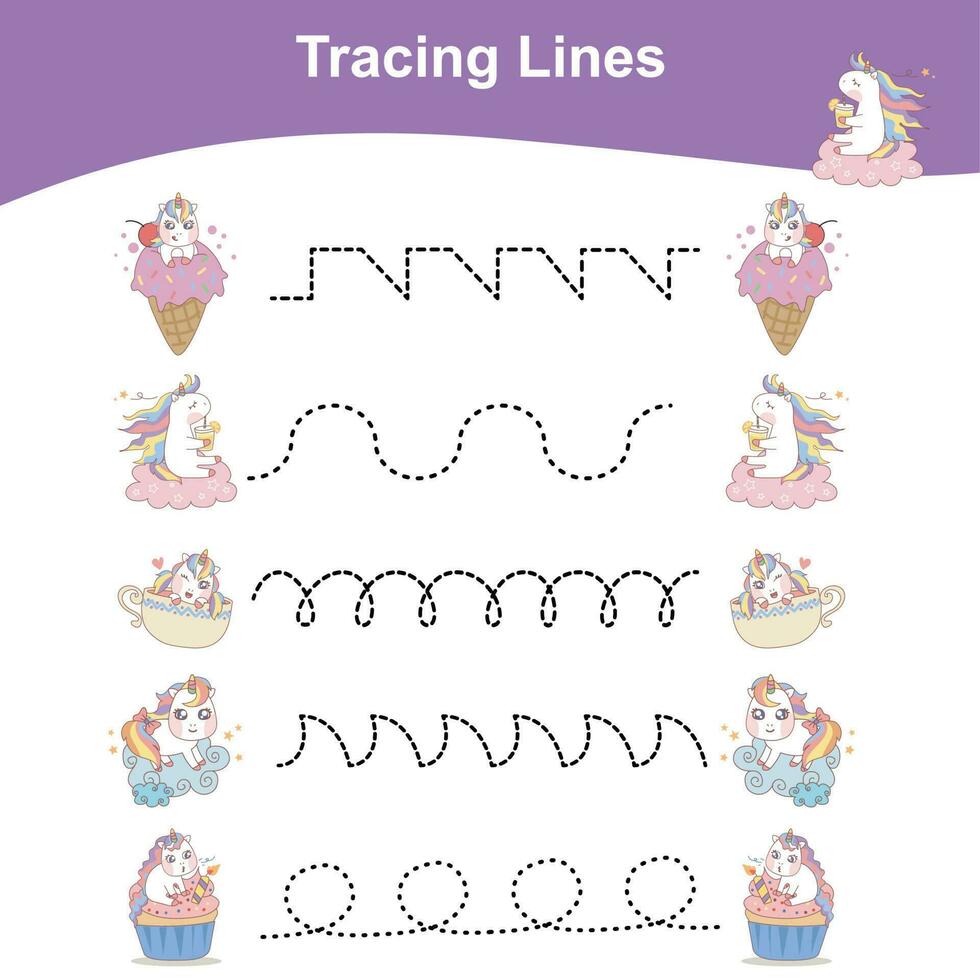 Tracing Lines Unicorn Edition. Educational worksheet. Worksheet activity for preschool kids. Vector illustration.