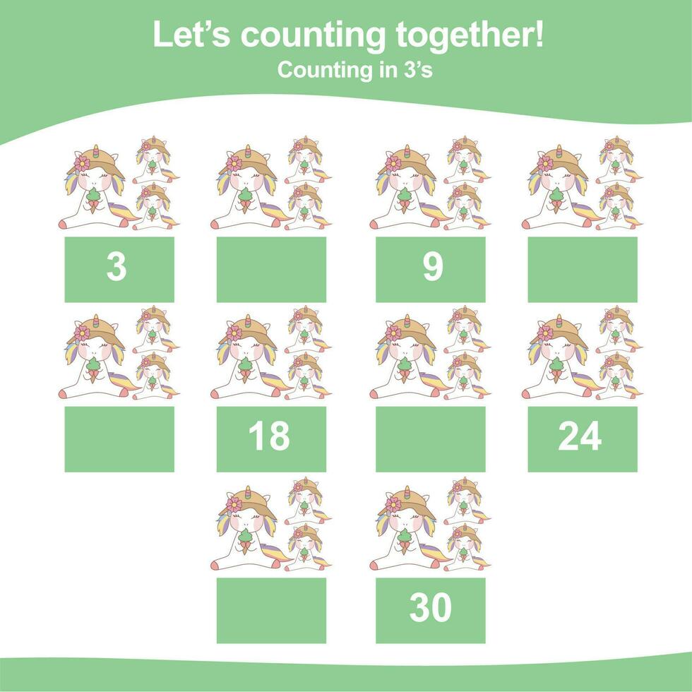 Mathematic counting worksheet. Math activity, count and write the missing numbers, math multiples. Educational printable math worksheet for children. Vector File.