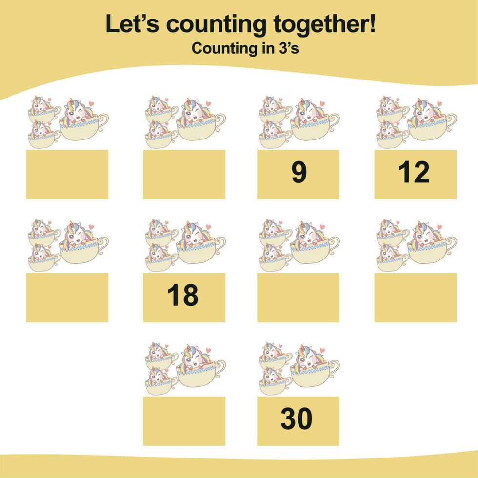 Mathematic counting worksheet. Math activity, count and write the missing numbers, math multiples. Educational printable math worksheet for children. Vector File.