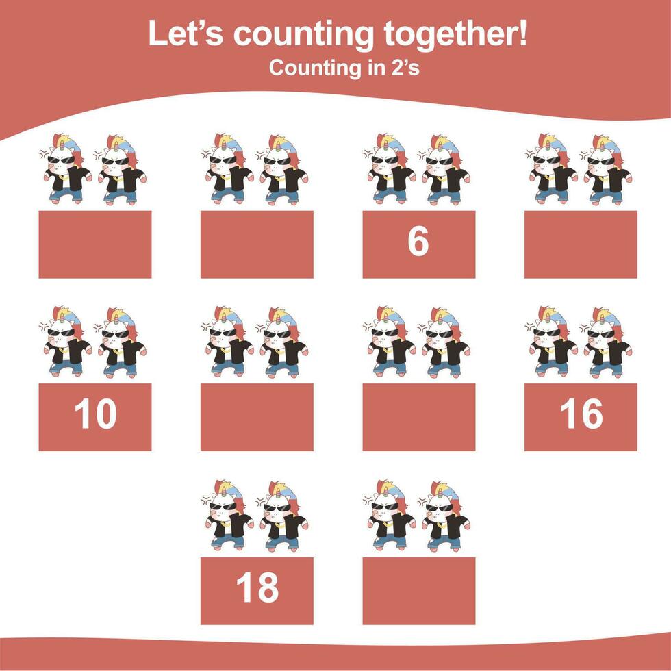 Mathematic counting worksheet. Math activity, count and write the missing numbers, math multiples. Educational printable math worksheet for children. Vector File.