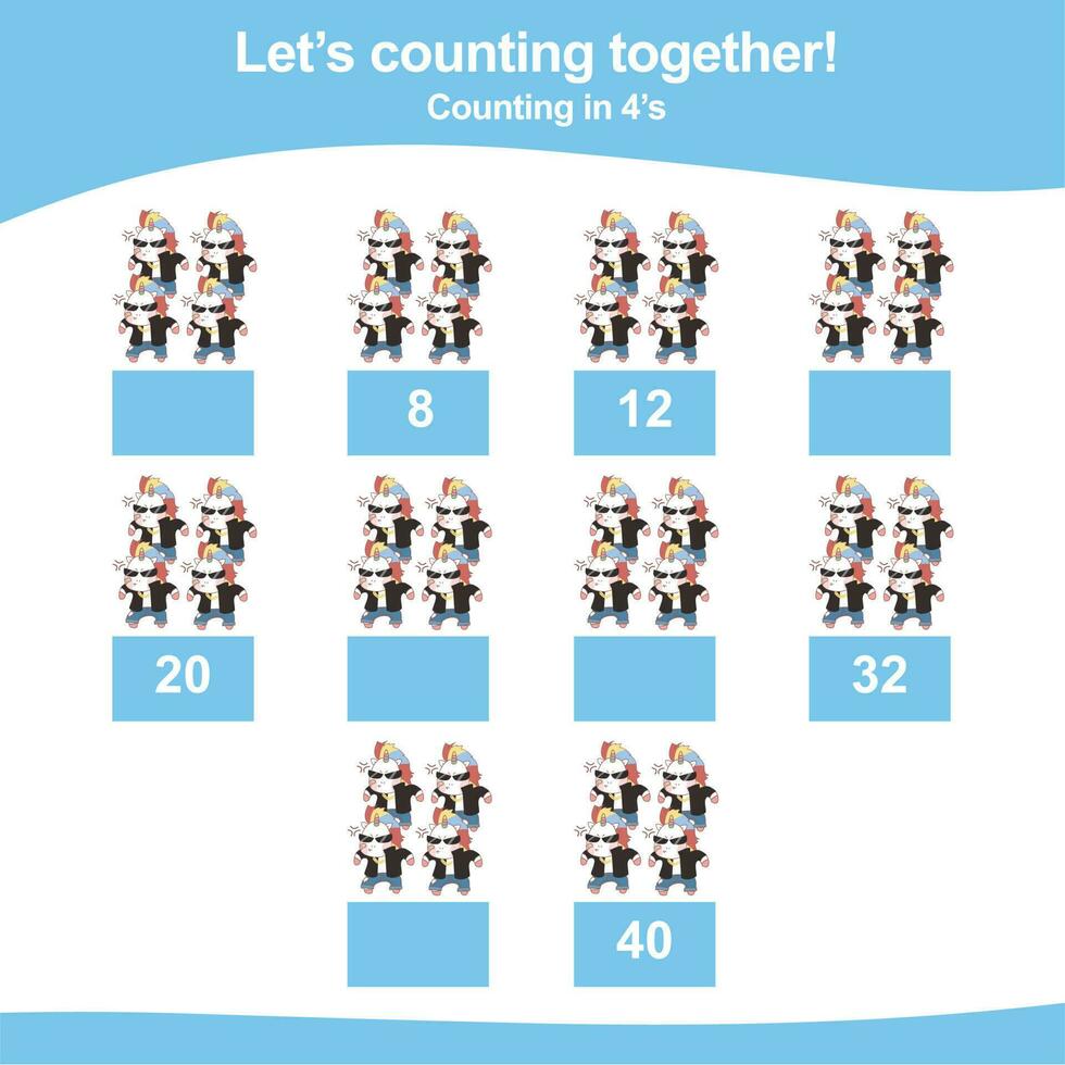 Mathematic counting worksheet. Math activity, count and write the missing numbers, math multiples. Educational printable math worksheet for children. Vector File.