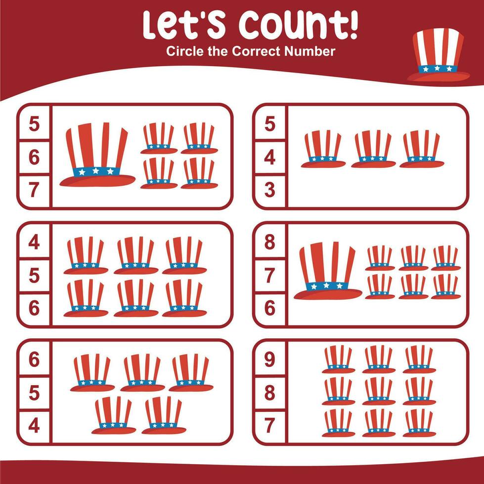 Mathematic counting worksheet. Math activity, count and match numbers with pictures. Educational printable math worksheet for children. Vector File.