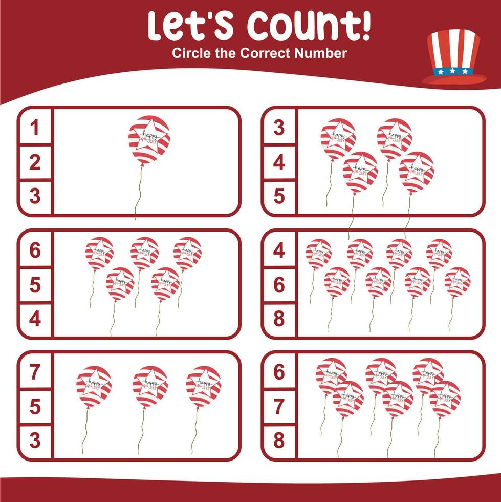 Mathematic counting worksheet. Math activity, count and match numbers with pictures. Educational printable math worksheet for children. Vector File.