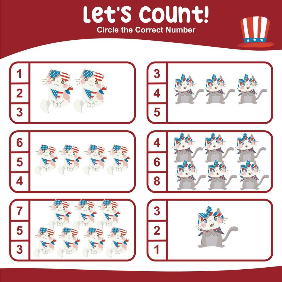 Mathematic counting worksheet. Math activity, count and match numbers with pictures. Educational printable math worksheet for children. Vector File.