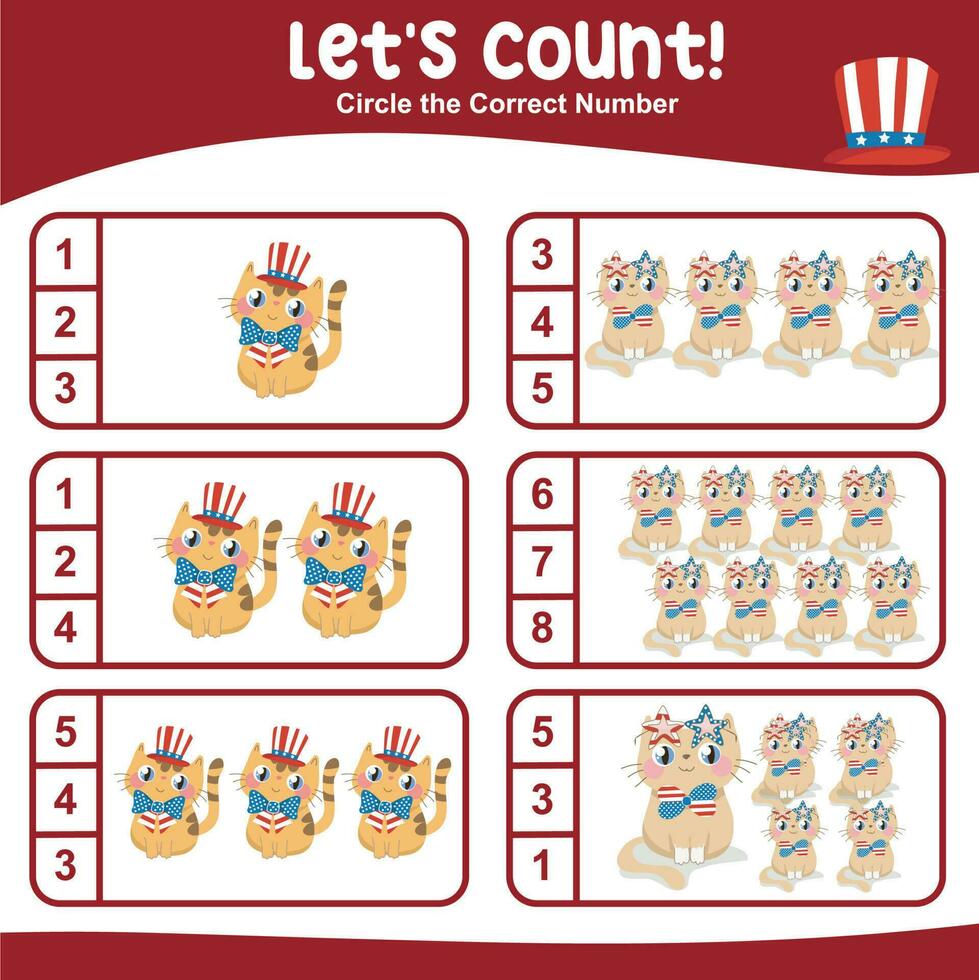 Mathematic counting worksheet. Math activity, count and match numbers with pictures. Educational printable math worksheet for children. Vector File.