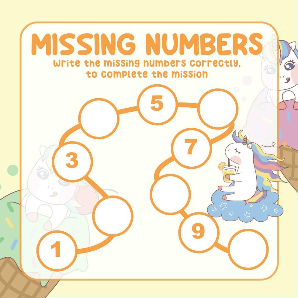 Missing numbers. Write the answer correctly. Educational printable math worksheet. Count and write activity. Counting practice. Vector file.