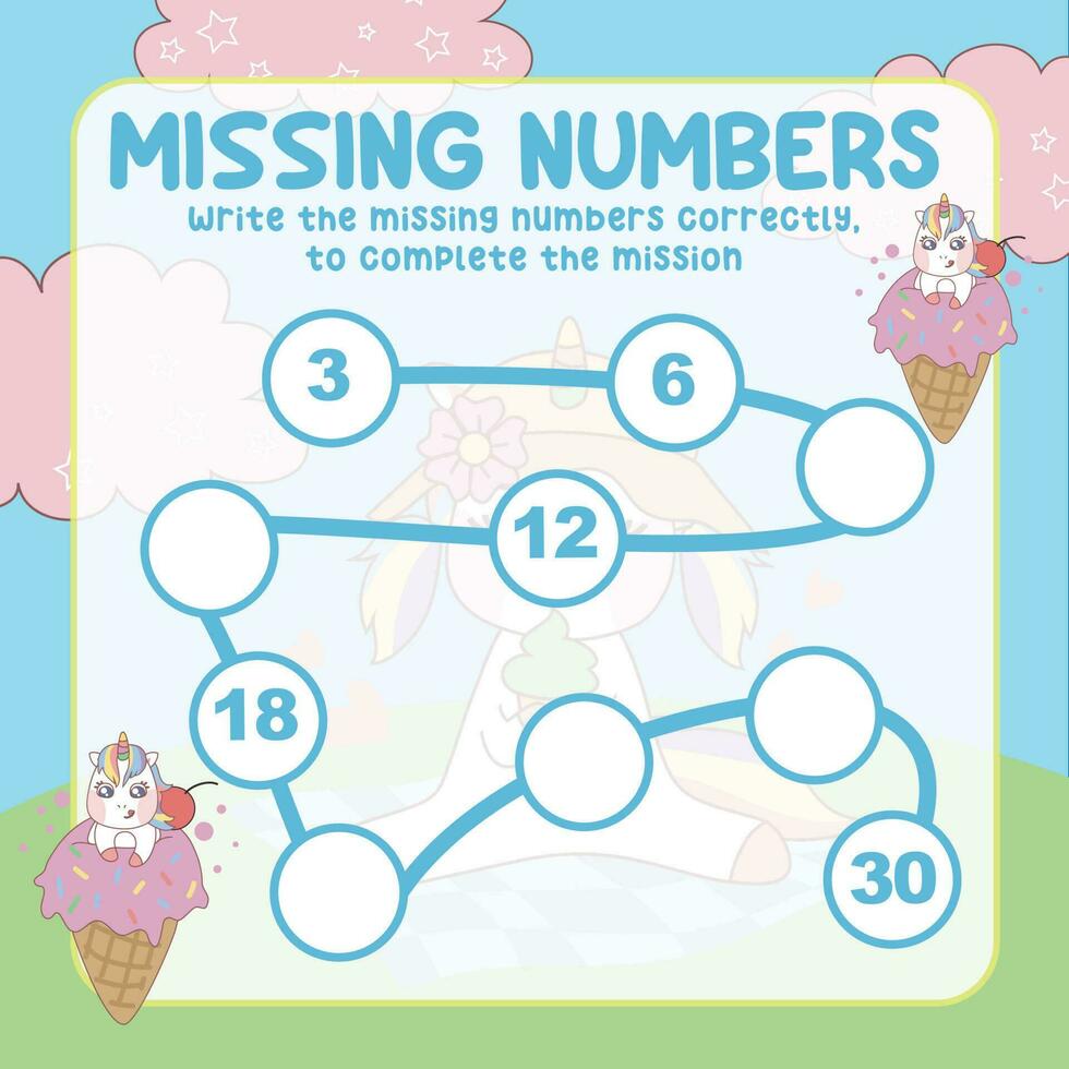 Missing numbers. Write the answer correctly. Educational printable math worksheet. Count and write activity. Counting practice. Vector file.