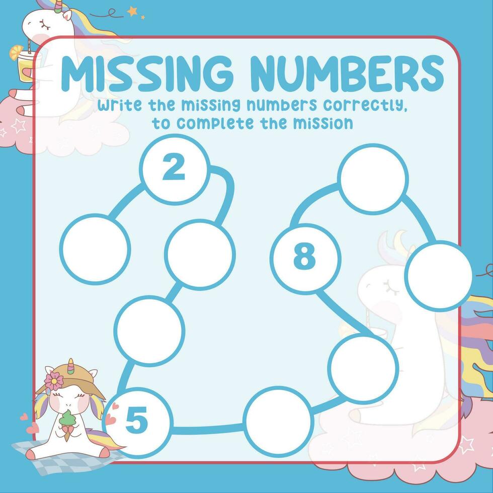 Missing numbers. Write the answer correctly. Educational printable math worksheet. Count and write activity. Counting practice. Vector file.