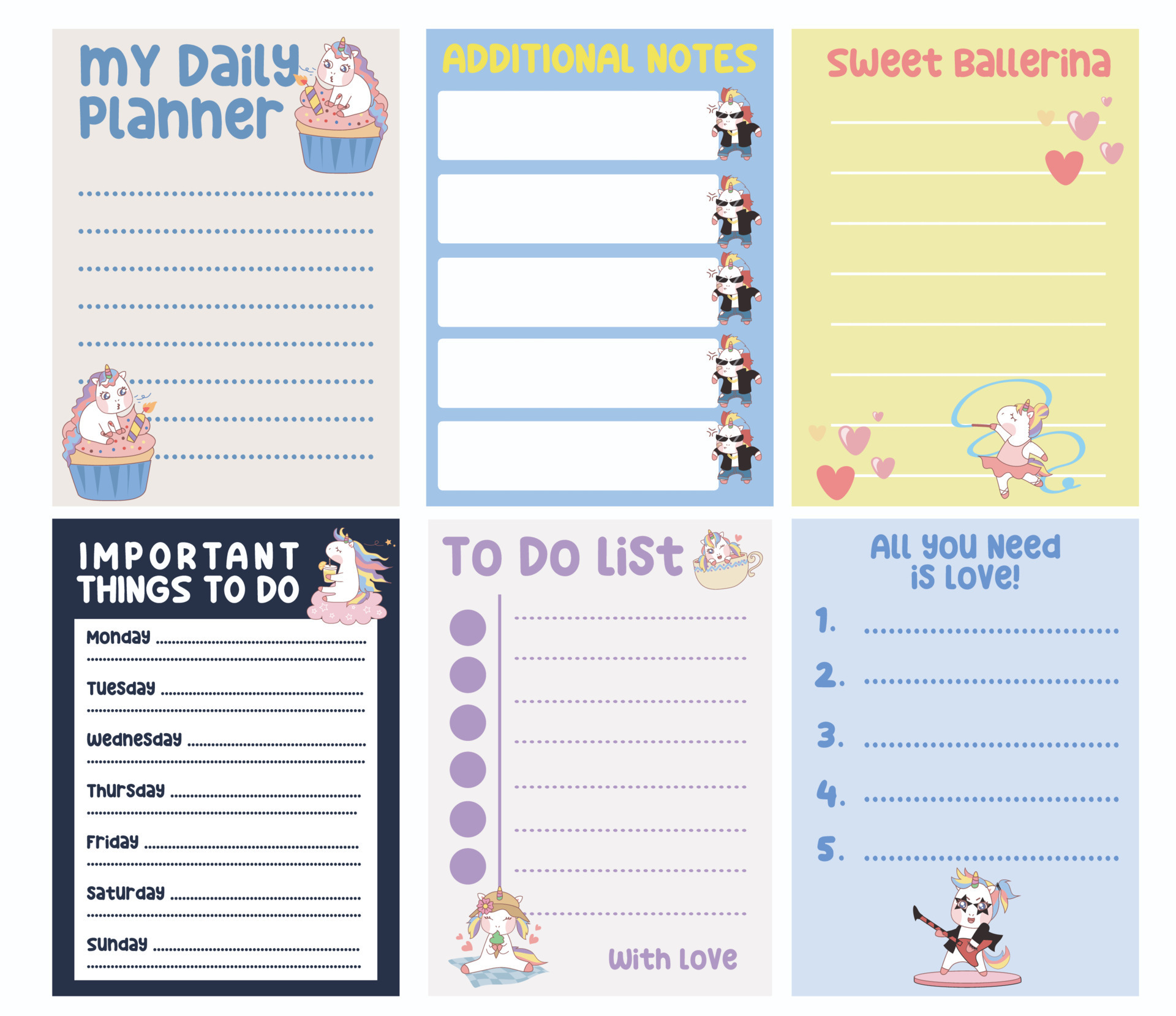 Beautiful planner template with unicorn theme. Kids stationery set with