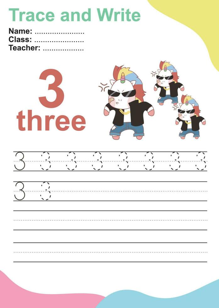 Trace and write number for children. Exercise for children to recognize the number. Educational worksheet for preschool. Vector file.