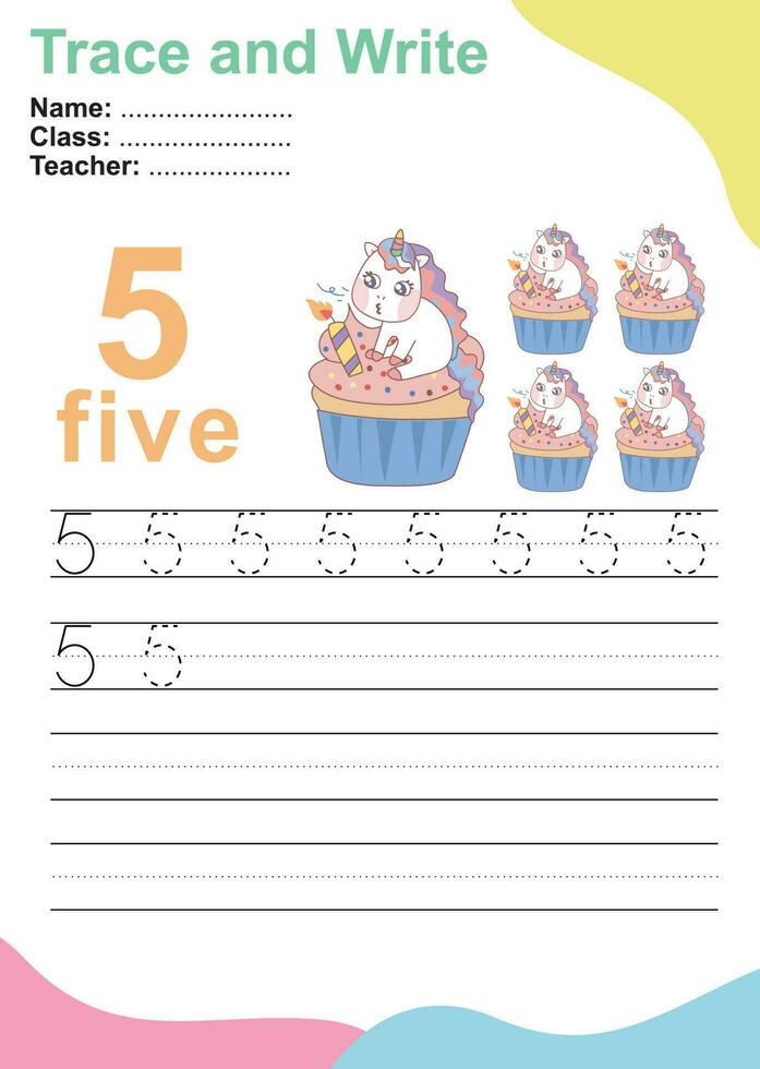 Trace and write number for children. Exercise for children to recognize the number. Educational worksheet for preschool. Vector file.