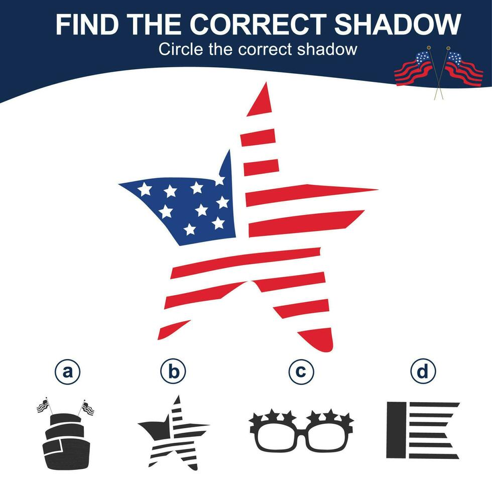 Find the correct shadow. Matching shadow game for children. Worksheet for kid. Educational printable worksheet. Vector illustration.