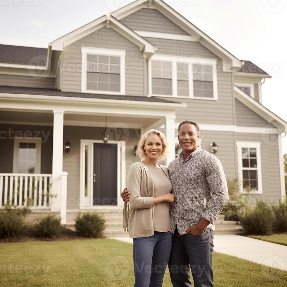 Portrait of happy mature couple standing in front of their new house photo