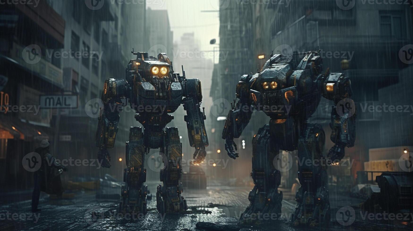 A futuristic clash between two immense robotic warriors photo