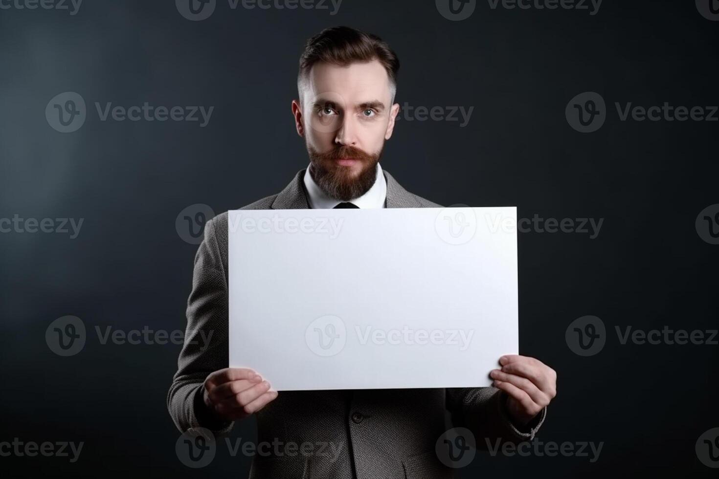 A man holds a blank white sign board mockup in his hand photo