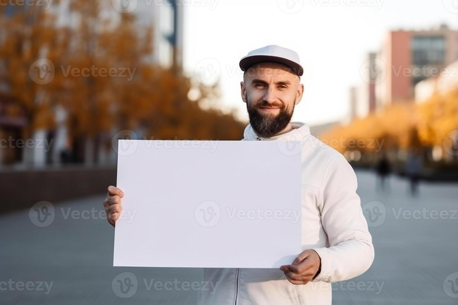 A man holds a blank white sign board mockup in his hand photo