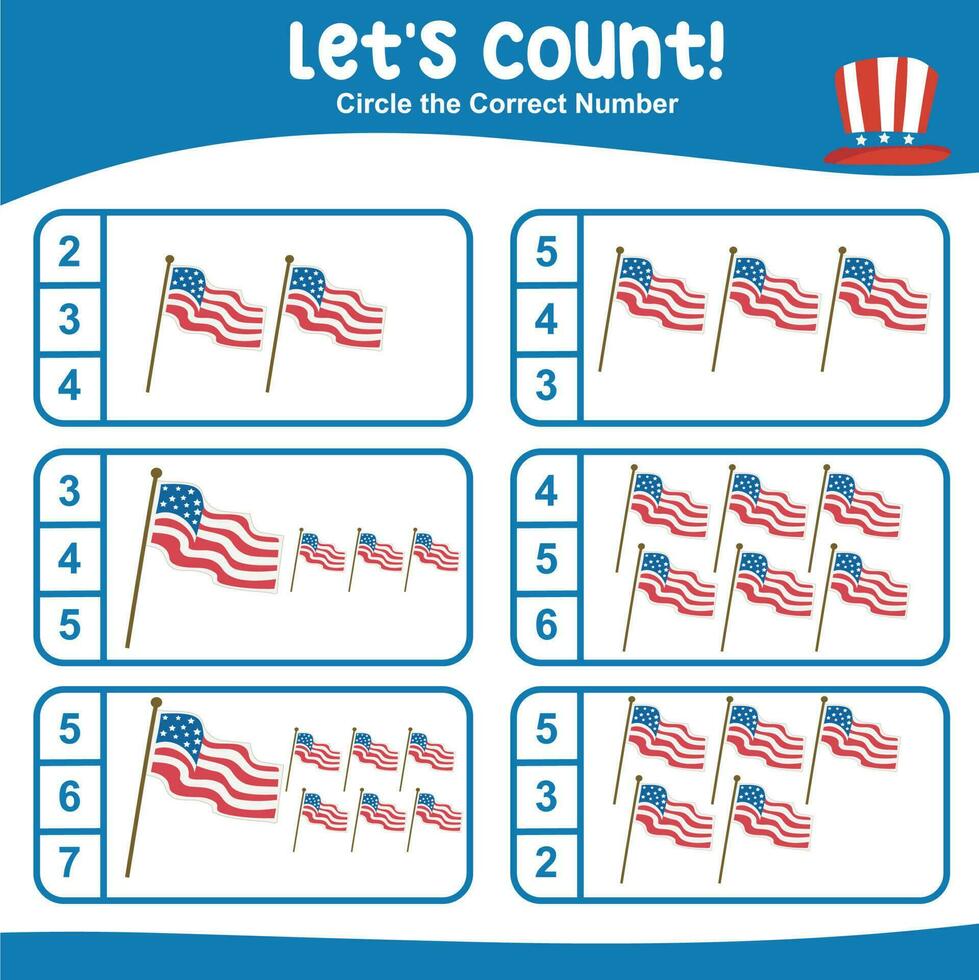 Mathematic counting worksheet. Math activity, count and match numbers with pictures. Educational printable math worksheet for children. Vector File.