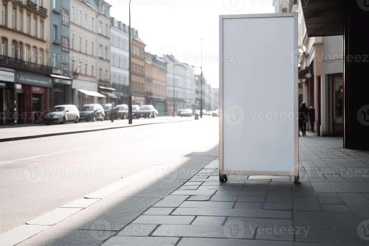 A blank white billboard mockup on a sidewalk in a city photo