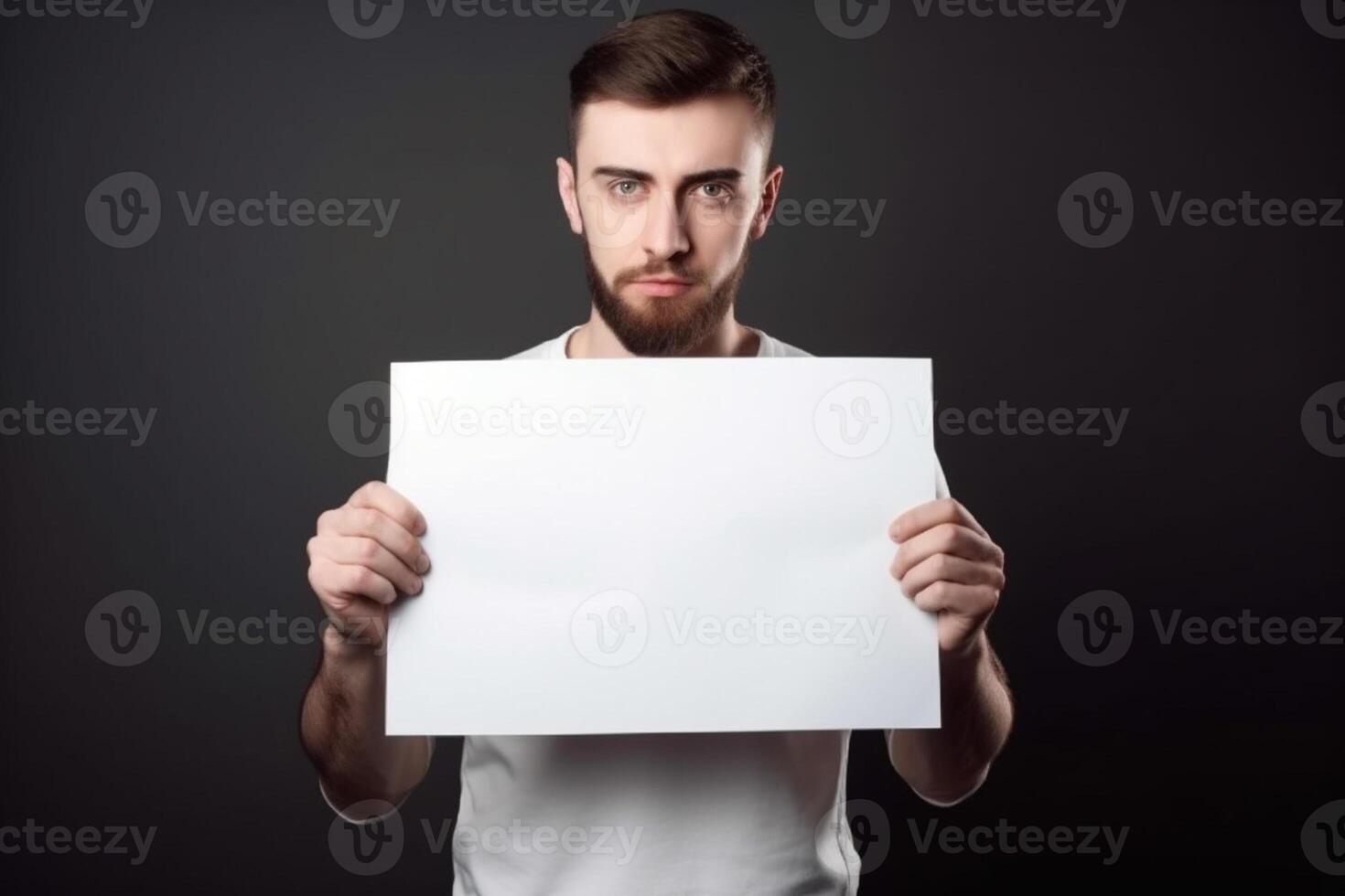 A man holds a blank white sign board mockup in his hand photo