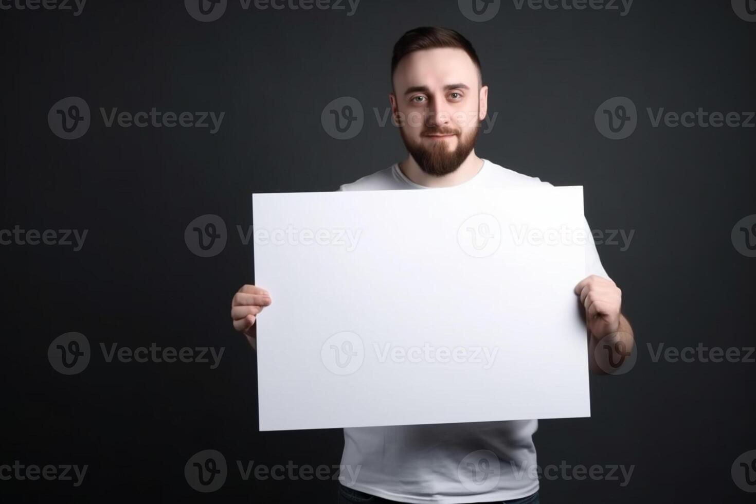 A man holds a blank white sign board mockup in his hand photo