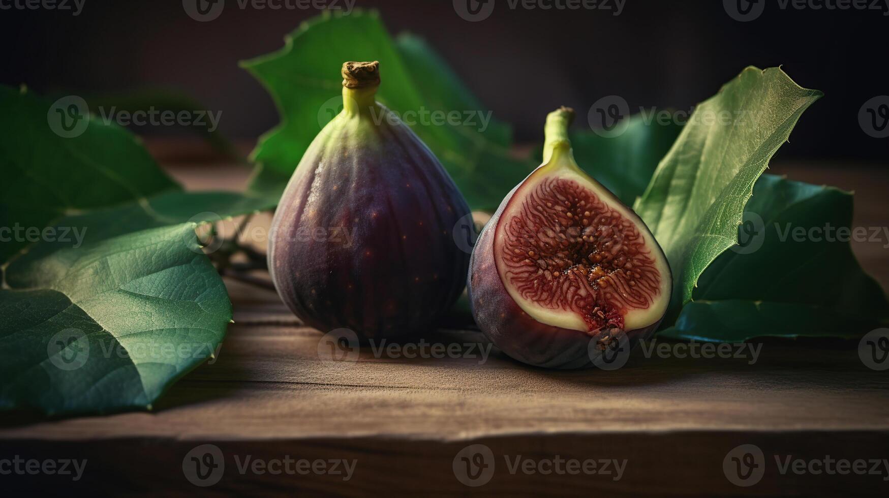 Ripe fig fruits with leaf close-up. Beautiful sweet fresh organic figs on a wooden table. Healthy vegan food, photo