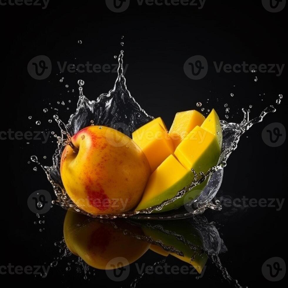 Mango fruit in water splash, isolated on black background. Creative food concept. photo