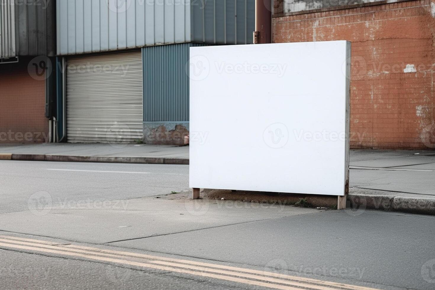 A blank white billboard mockup on a sidewalk in a city photo