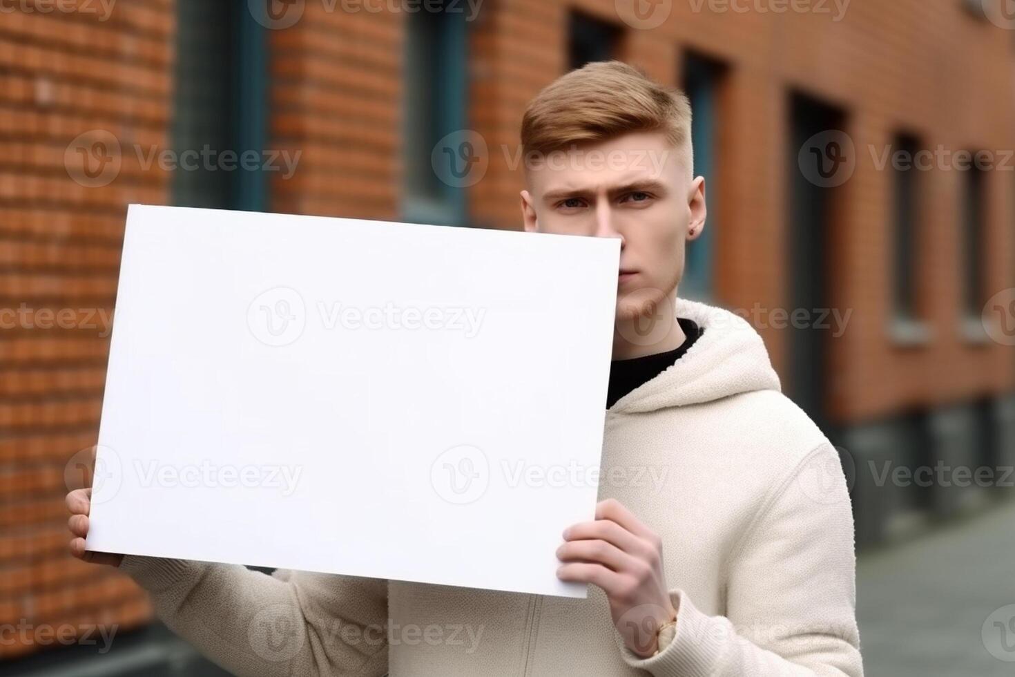 A man holds a blank white sign board mockup in his hand photo