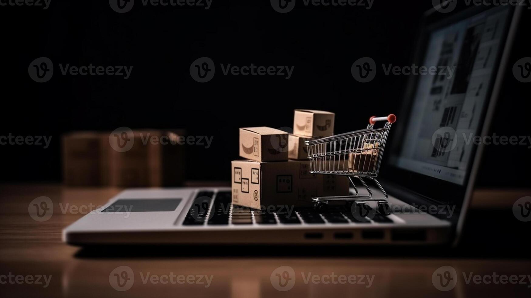 E-commerce concept. Shopping cart with boxes on a wooden table. photo