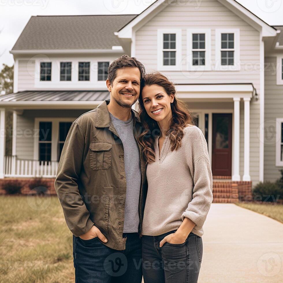 ai generativo retrato de contento maduro Pareja en pie en frente de su nuevo casa foto