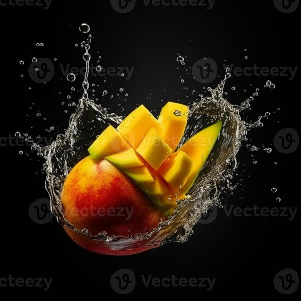 Mango fruit in water splash, isolated on black background. Creative food concept. photo