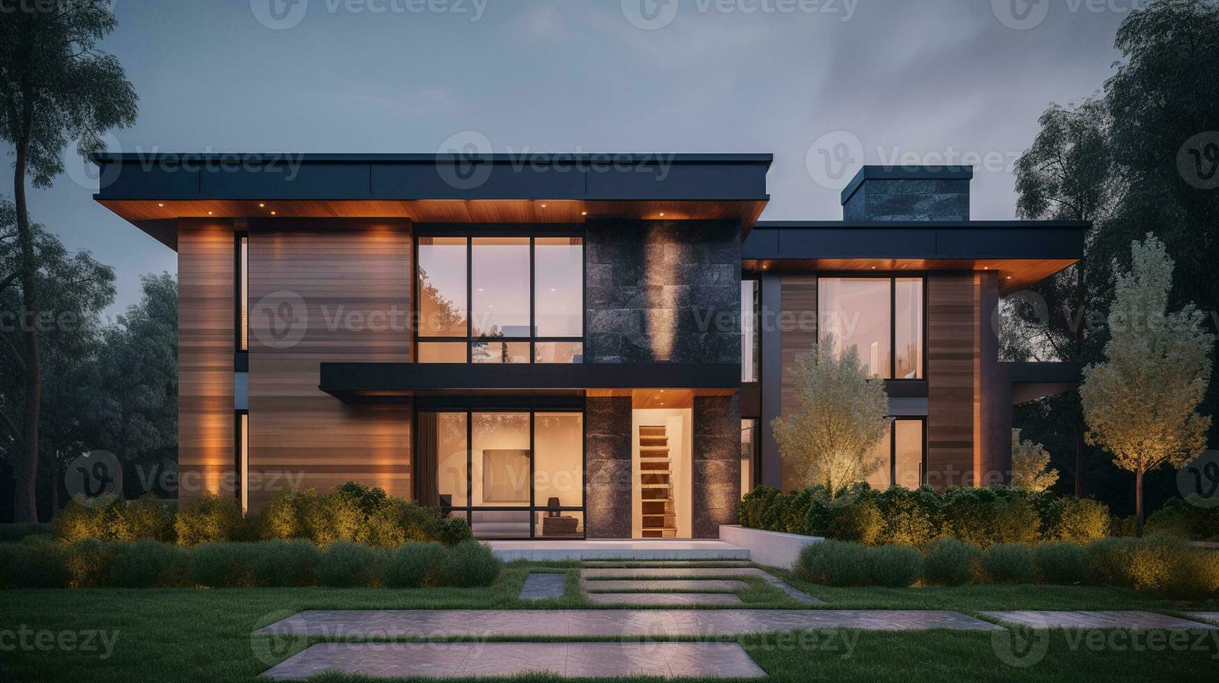 AI Generative Exterior of modern luxury house with garden and beautiful sky 23308519 Stock Photo