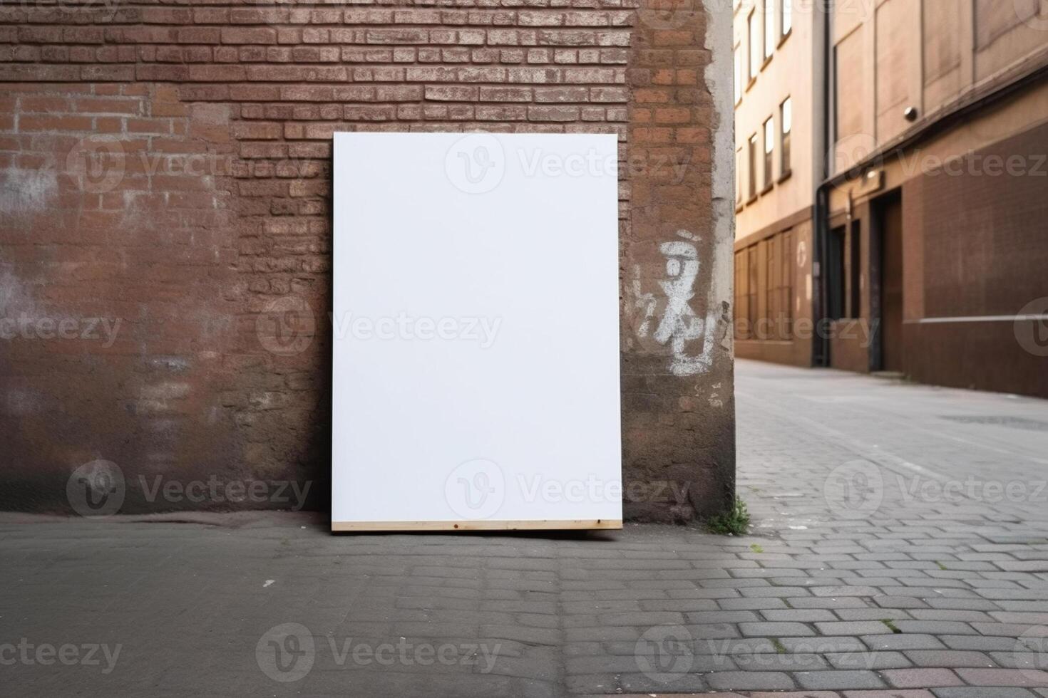 A blank white billboard mockup on a sidewalk in a city photo