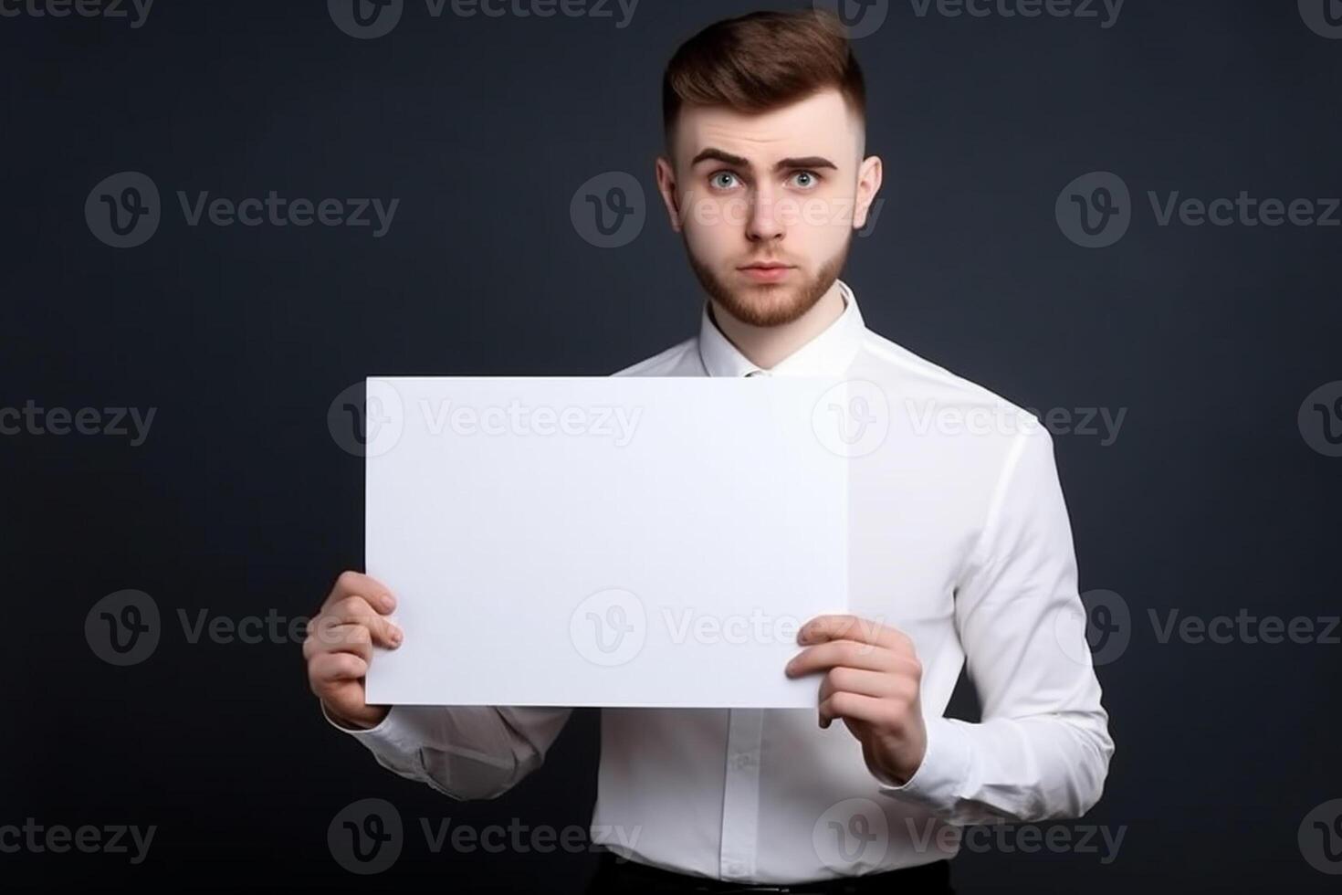 A man holds a blank white sign board mockup in his hand photo