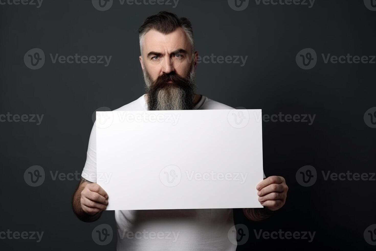 A man holds a blank white sign board mockup in his hand photo