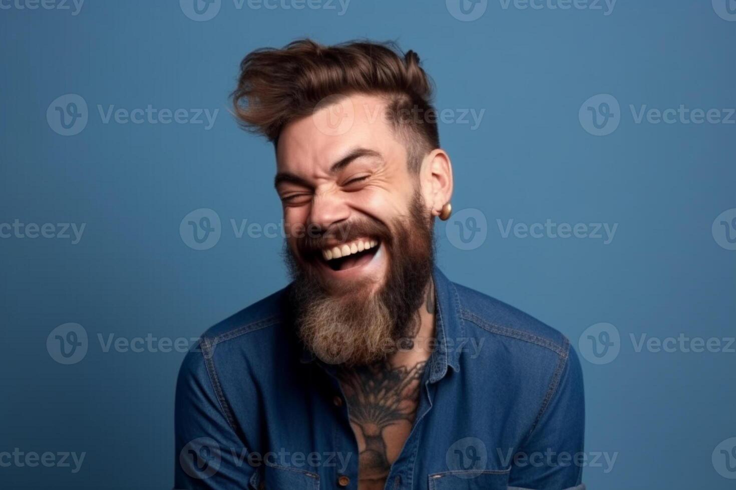 a man on solid color background photoshoot with Laugh face experession photo