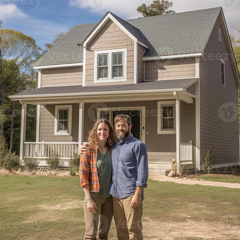 Portrait of happy mature couple standing in front of their new house photo
