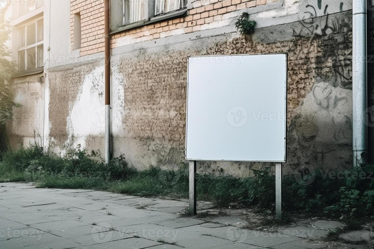 A blank white billboard mockup on a sidewalk in a city photo