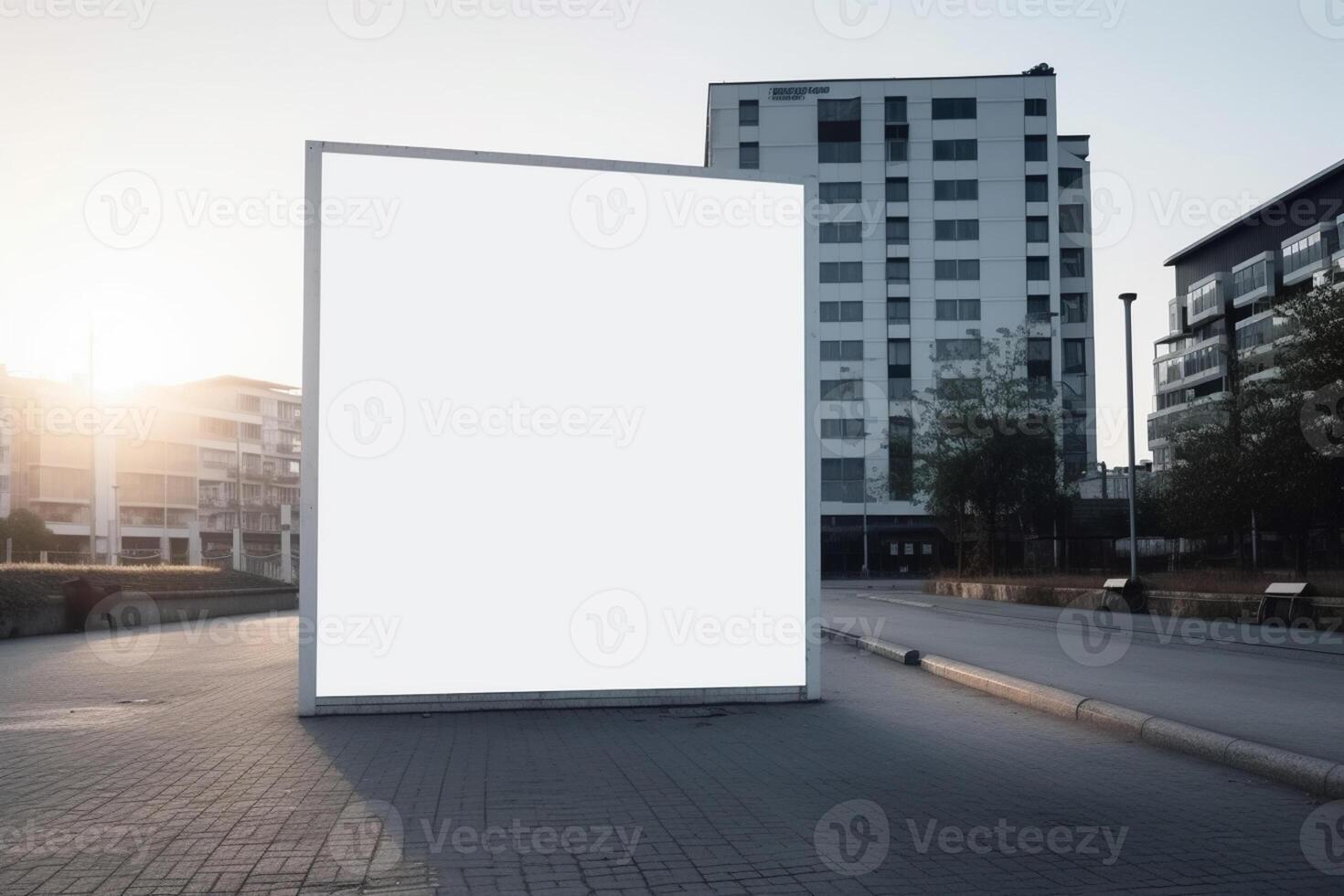 A blank white billboard mockup on a sidewalk in a city photo