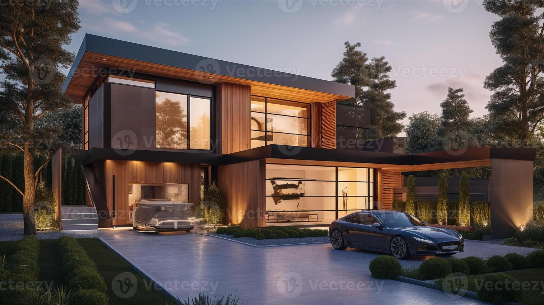 Exterior of modern luxury house with garden and beautiful sky photo
