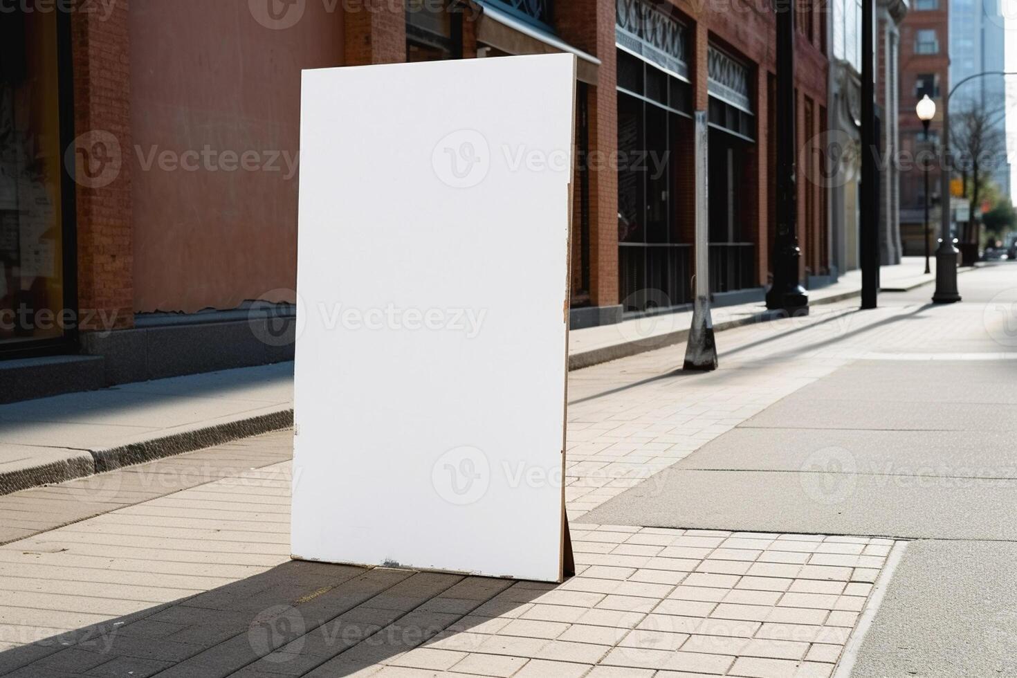 A blank white billboard mockup on a sidewalk in a city photo