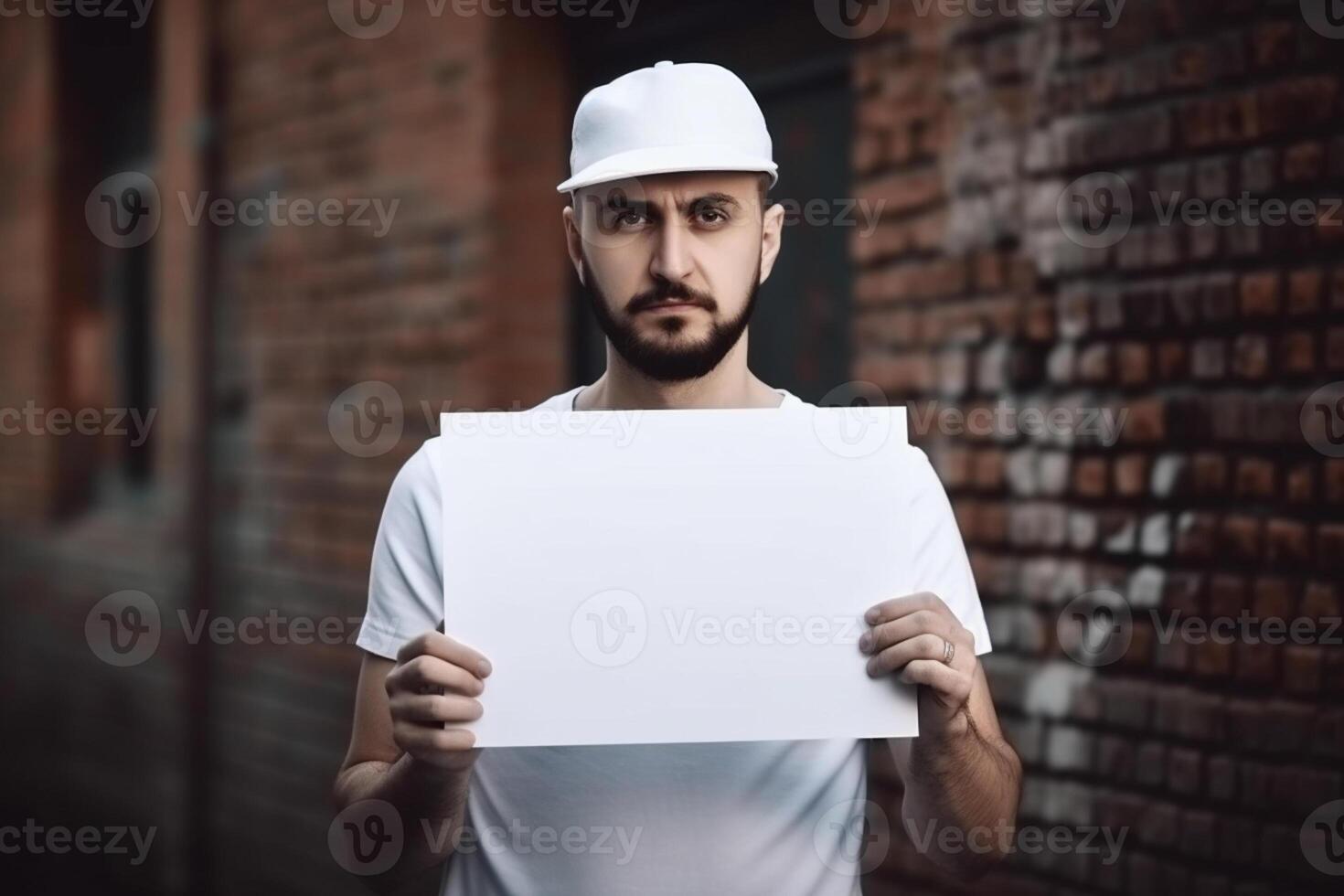 A man holds a blank white sign board mockup in his hand photo